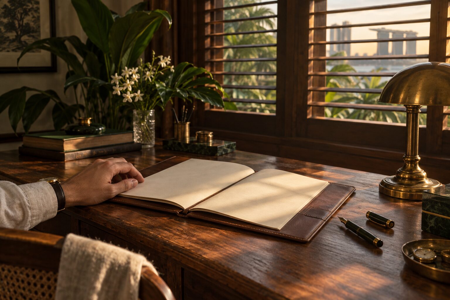 A practitioner's desk with an open document folder and a fountain pen
