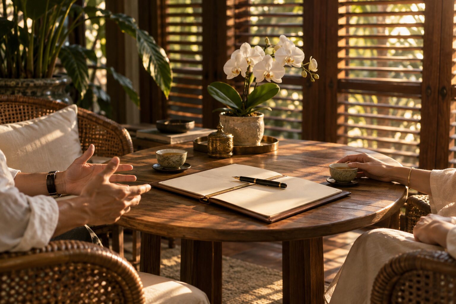 A quiet consultation table set for two