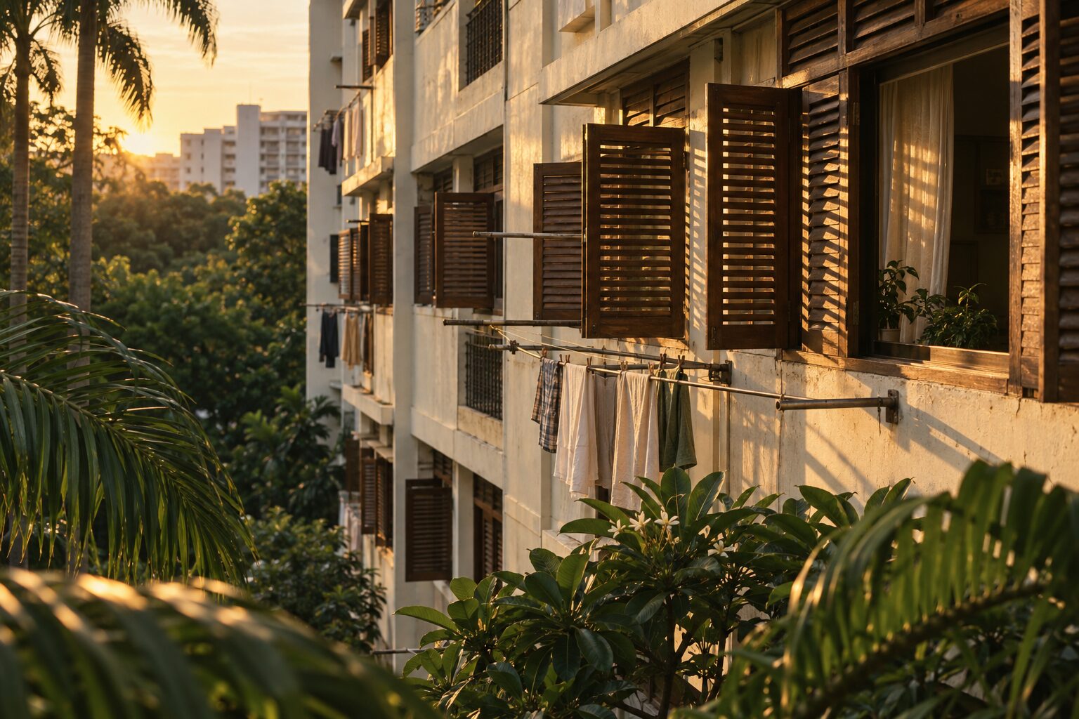 The facade of an older Singapore HDB apartment block in late golden-hour light, with trees in the foreground