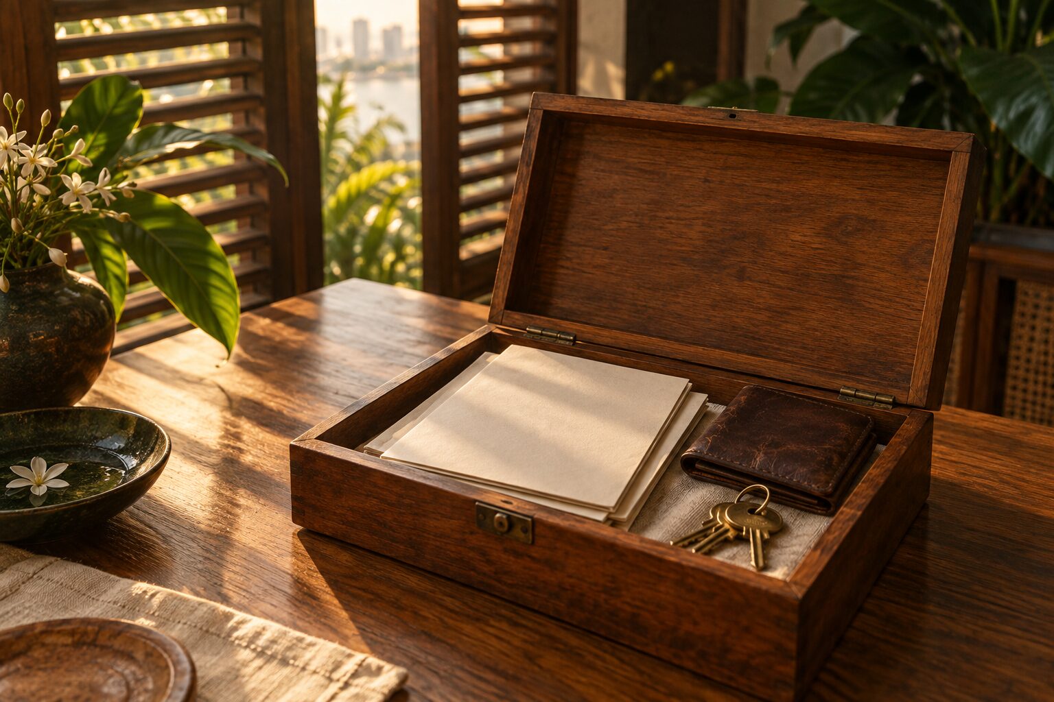 An open timber keepsake box on a teak table holding folded papers, a worn leather wallet and a set of brass keys