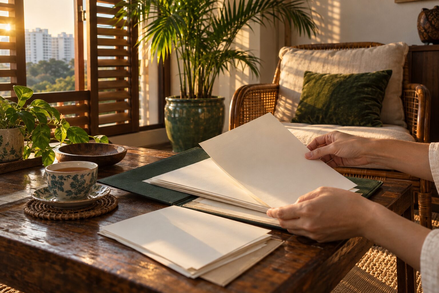 Two hands sorting unmarked papers on a table in a sunlit Singapore living room, beside a cup of tea