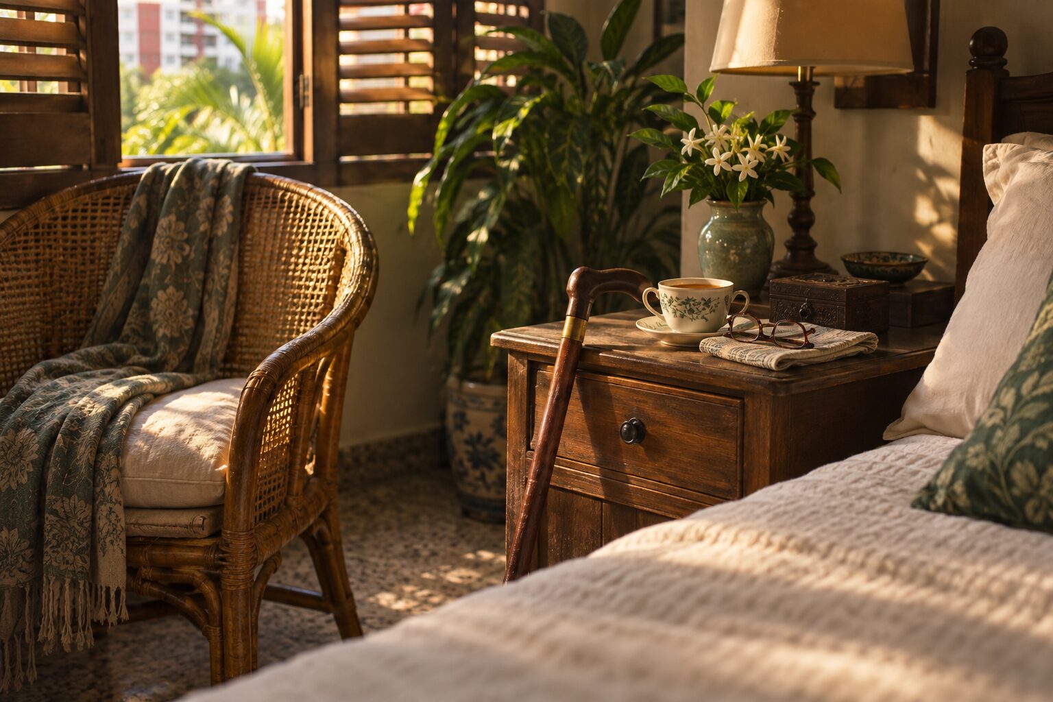 A quiet bedroom corner with a rattan chair, a folded shawl, a walking stick and reading glasses on a bedside table