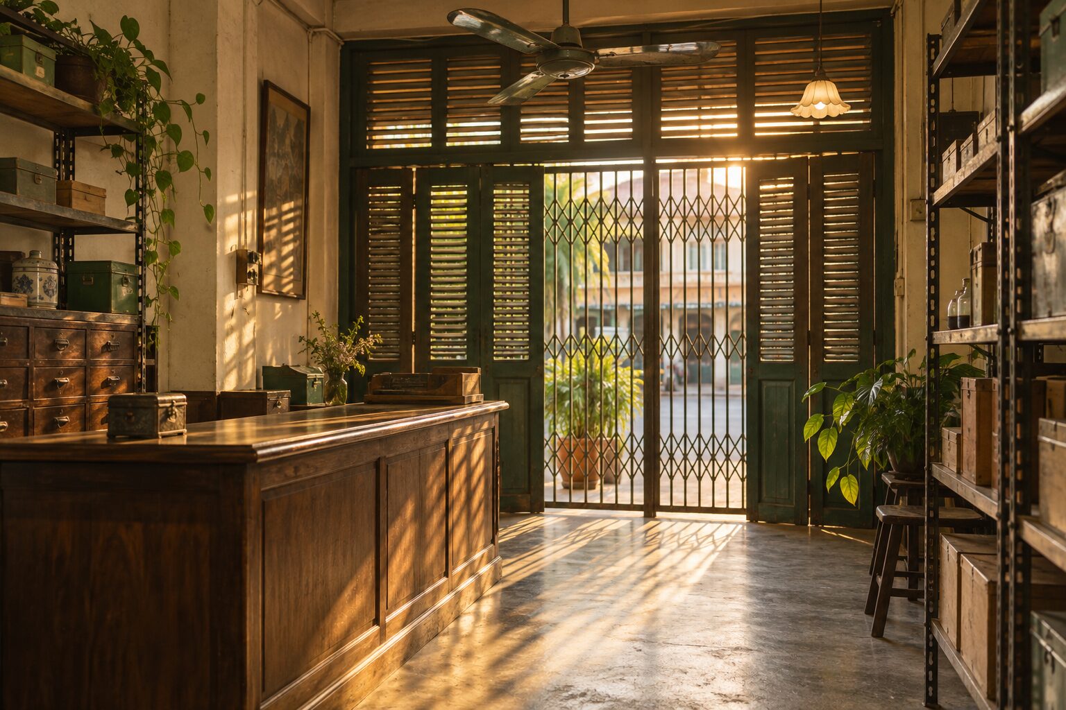 The empty interior of a small family shopfront office in a shophouse, with a timber counter and a ceiling fan